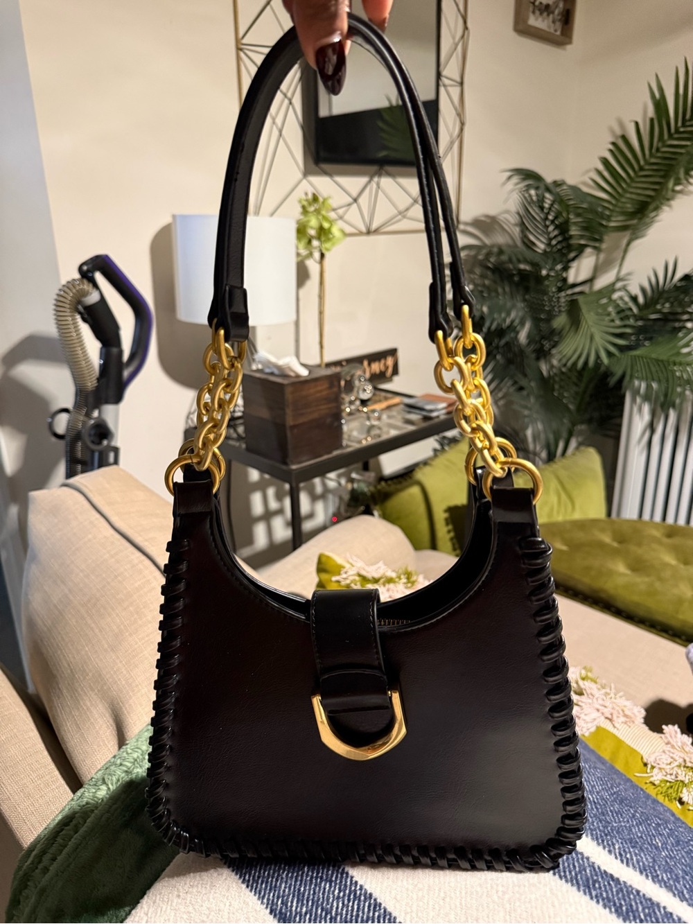 Classic Black Vegan Leather Shoulder Bag with Gold Hardware